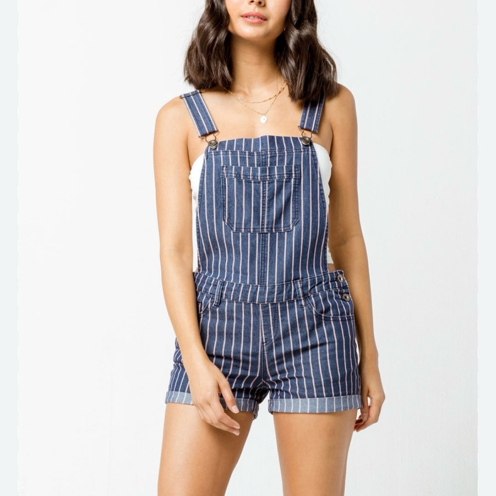 Others Follow Blue and White Striped Overalls Romper